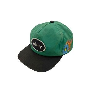OBEY Lessons 5 Panel Snapback Hat Green Black Floral Embroidered Streetwear